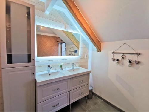 a bathroom with a sink and a mirror at Le pavillon de l'herboriste 14p jacuzzi jardin in Tintigny