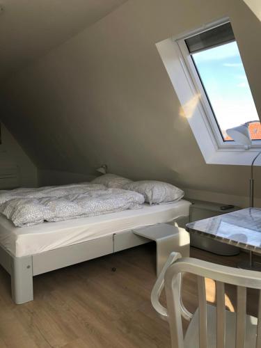 a small bedroom with a bed and a window at B&B De Gulden Halsband Pingjum in Pingjum