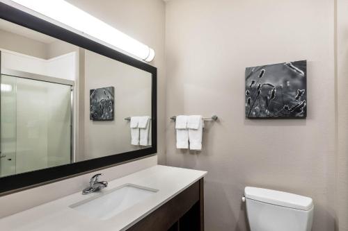 a bathroom with a sink and a mirror and a toilet at La Quinta by Wyndham Claremore in Claremore