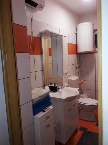 a small bathroom with a sink and a toilet at Kuća za odmor Mirni kutak Vukovar in Vukovar