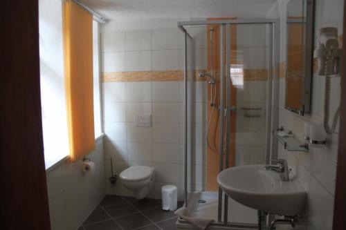 een badkamer met een toilet, een wastafel en een douche bij Gasthaus Kupfer in Stolberg i. Harz