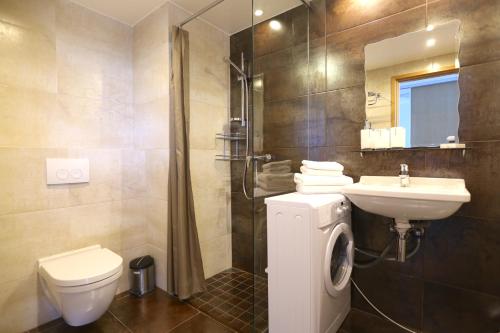 a bathroom with a toilet and a sink and a shower at Lys Apartments City Center in Pärnu