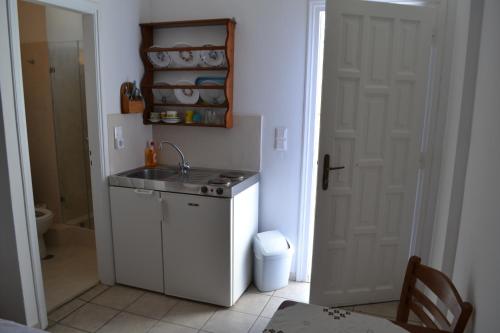 a small kitchen with a sink and a stove at Studio Ioanna Tinos in Kionia