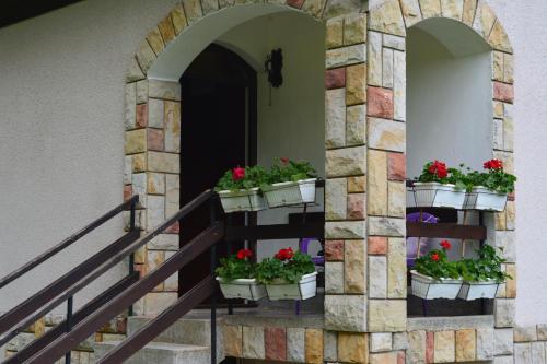 a stone wall with potted plants on a stairway at Vila Mira Zlatar in Nova Varoš