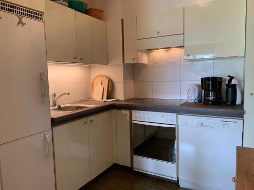 eine Küche mit weißen Schränken und einem Waschbecken in der Unterkunft Roc d'Orsay E52 in Leysin
