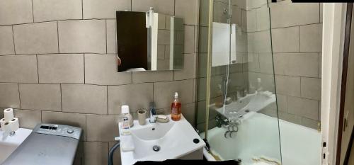 La salle de bains est pourvue d'un lavabo et d'un miroir. dans l'établissement Loft Cannes, à Cannes