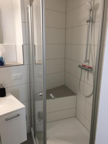 a shower with a glass door in a bathroom at Apartment 6, OG 3 in Schleswig
