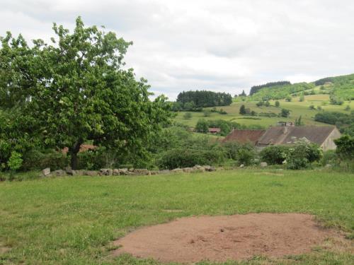 un campo de hierba con un árbol y casas en Gîte cosy 4 à 9 personnes, en Buffières