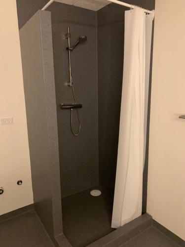 a bathroom with a shower with a shower curtain at Lokk-Inn Apartments in Norðdepil