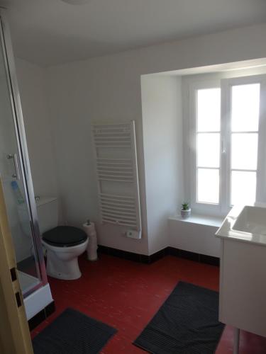 La salle de bains est pourvue de toilettes, d'une fenêtre et d'un lavabo. dans l'établissement Petit gite du Puy Lambert, à La Flocellière