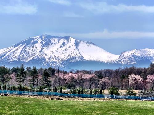 a snow covered mountain with a fence in front of a field at Shurin in Tsumagoi