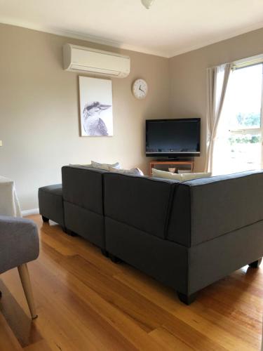 a black couch in a living room with a tv at Sea Change Guesthouse in Apollo Bay