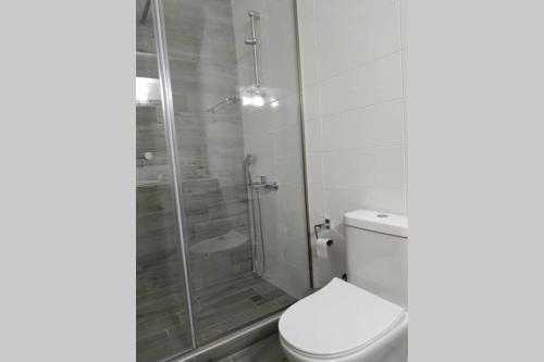 a bathroom with a toilet and a glass shower at Arxontia 1 in Kalamata