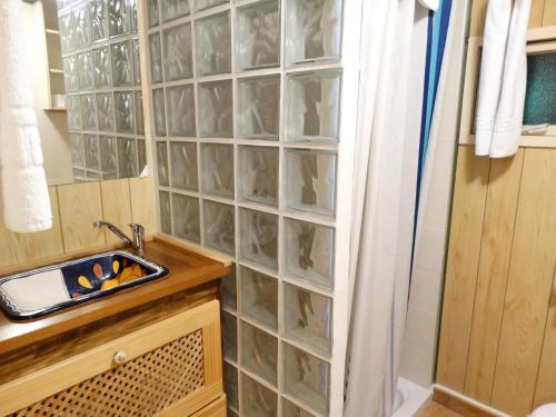 a bathroom with a sink and a glass block wall at Camping Las Palmeras in Crevillente