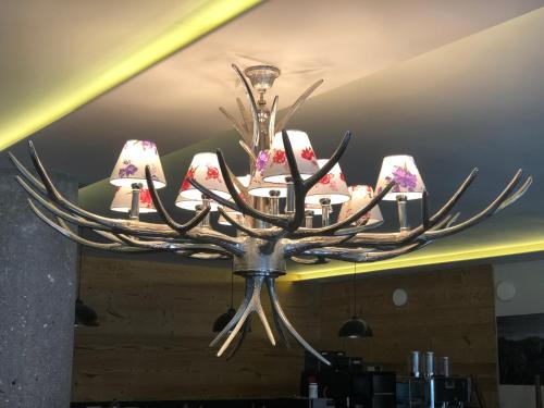 a chandelier with antlers on a ceiling at Apartmenthotel Oberstdorf in Oberstdorf