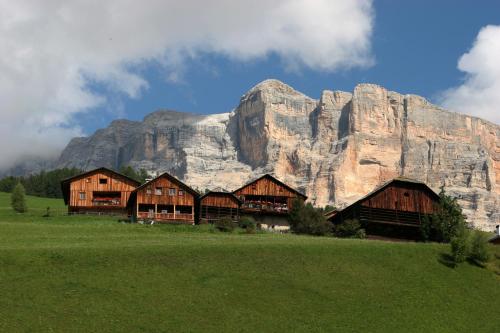 a group of wooden buildings in front of a mountain at Residence Sas Vanna in La Villa