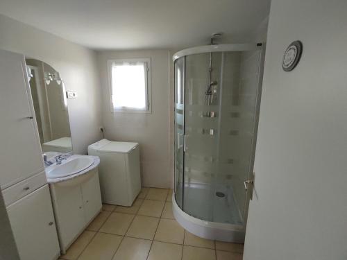 une salle de bain avec douche et lavabo dans l'établissement Le Gîte du Moulin à Vent, à Plazac
