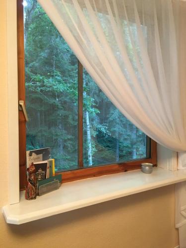 a window with a window sill with a book and a clock at Apartamentai - Gintaro Įlanka in Juodkrantė