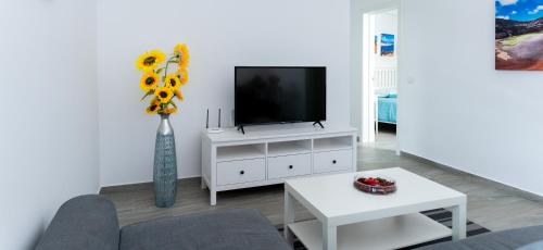 a living room with a tv and a vase with flowers at luxury casa playa roca bord de mer in Costa Teguise