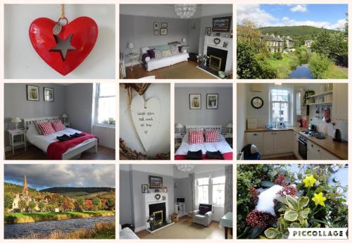 un collage de fotos de un dormitorio y una cocina en Peebles Cottage Apartment with River View and Bike Store en Peebles