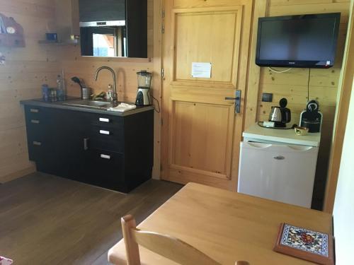 eine Küche mit einer Spüle, einem Kühlschrank und einem TV in der Unterkunft Studio 1 pièce situé dans un chalet in Beaufort