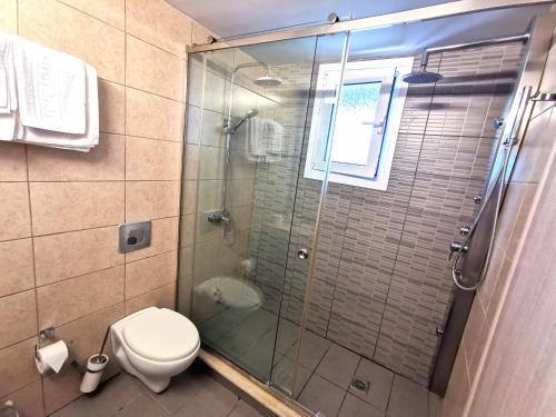 a bathroom with a toilet and a glass shower at Sidari Waterpark in Sidari