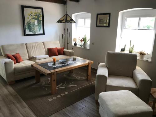 Una sala de estar con un sofá y una mesa de café. en Kleine Ferienwohnung bei Kappeln an der Schlei, en Kappeln