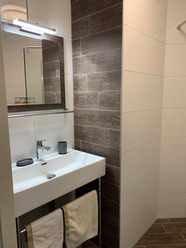 a bathroom with a white sink and a mirror at Texelheerlijk 18 in De Koog