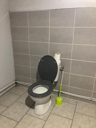 a bathroom with a toilet with a black seat and a plunger at Luxlex in Capesterre-Belle-Eau