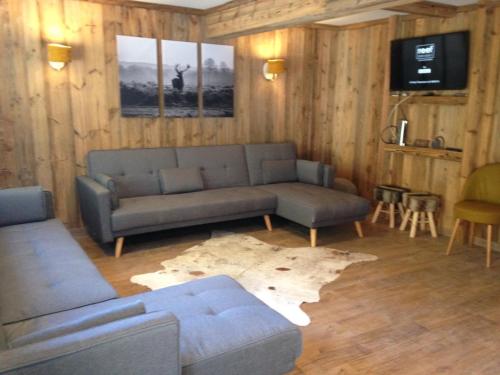 a living room with a couch and a tv at chalet clémentine in La Tania