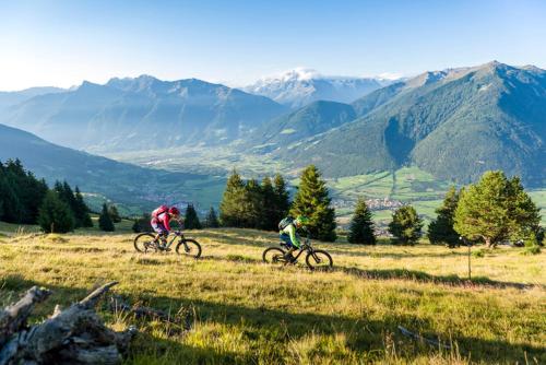 two people riding bikes in a field with mountains at Ferienwohnungen Trogerhof in Ora/Auer