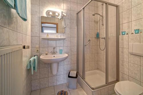 a bathroom with a shower and a sink and a toilet at Ferienhotel Kollmerhof in Rimbach