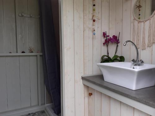 La salle de bains est pourvue d'un lavabo blanc sur un comptoir. dans l'établissement Maison d'Hôtes Afrika du Queyroux, à Ginestet