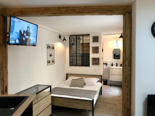 een slaapkamer met een bed en een tv aan de muur bij Résidence Le Musoir in Le Tréport