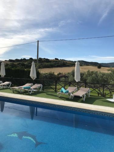 uma piscina com espreguiçadeiras e guarda-sóis ao lado em Cortijo Salinas em Montecorto