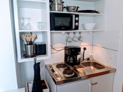 a small kitchen with a stove and a microwave at Tiny Apartment - Innenstadt l Smart TV l Küche in Kaiserslautern