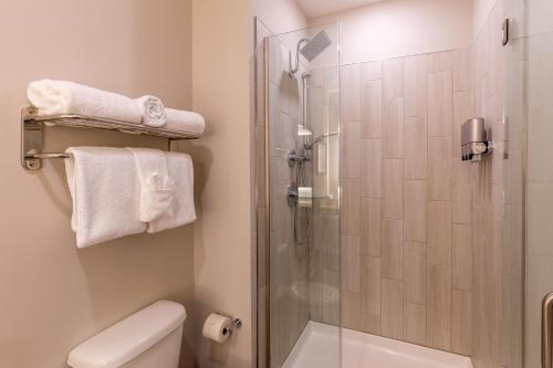 a bathroom with a shower and a toilet at Lakeside Lodge Clemson in Clemson