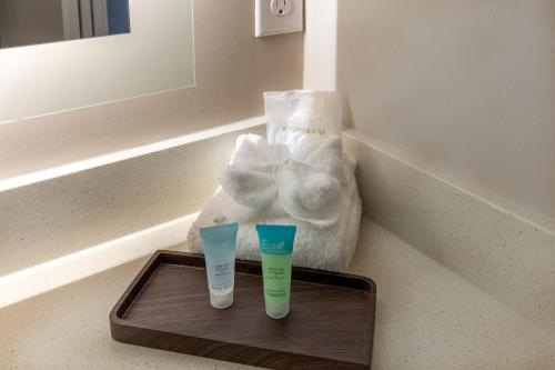 two cups sitting on a tray on a bathroom sink at Lakeside Lodge Clemson in Clemson