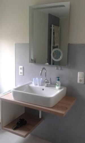a bathroom with a white sink and a mirror at Weinhaus Lenartz-Bleser in Briedern