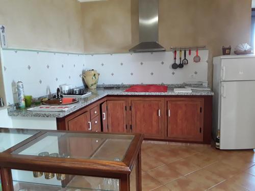 een keuken met houten kasten en een witte koelkast bij Casa Anita in Tajace de Abajo
