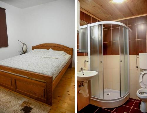 um quarto com uma cama, um chuveiro e um lavatório. em VILA PLANINSKI SAN em Sekulić 