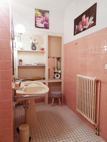 La salle de bains est pourvue d'un lavabo, de toilettes et d'un radiateur. dans l'établissement Aux Portes du Château, à Valençay