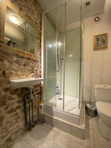 une salle de bain avec une douche, un lavabo et des toilettes dans l'établissement Tour de France historique et châteaux de Loire, à Orléans