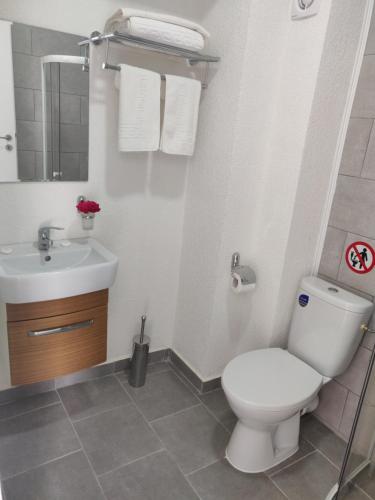 een badkamer met een wit toilet en een wastafel bij ENKI in Eforie Nord
