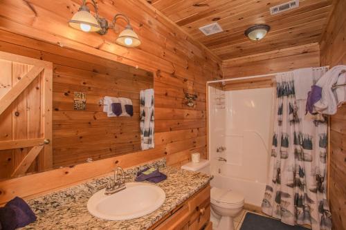 a bathroom with a sink and a shower and a toilet at Kori's Mountain View, FREE tickets each paid day, Theater Room, Hot Tub, Game Room, WIFI!!! in Townsend