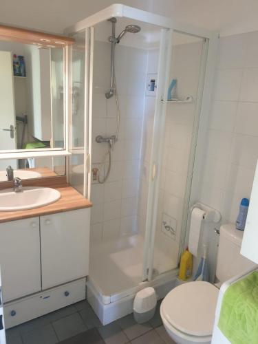 een badkamer met een douche, een wastafel en een toilet bij 5 Cours du Maréchal Juin in Châtelaillon-Plage