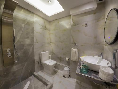 a bathroom with a sink and a toilet and a mirror at Family Inn Apartments&suites in Neos Marmaras