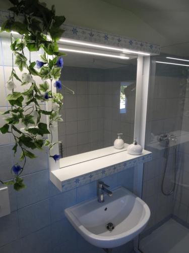 baño con lavabo, espejo y planta en Apartma Na Trati, en Izola