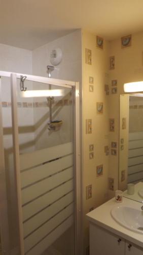 uma casa de banho com um chuveiro e um lavatório. em Appartement T2 ,parking privé,terrasse, 10 mns à pieds de la cité corsaire et ses plages em Saint Malo