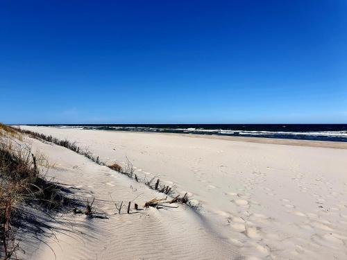 a beach with footprints in the sand and the ocean at Słonecznik Jastarnia. Domek na Zdrojowej. in Jastarnia